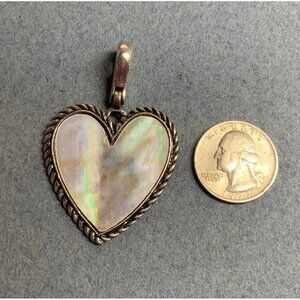 MOP Heart Pendant Silver Rope Mother Of Pearl White Iridescent Retro Vintage